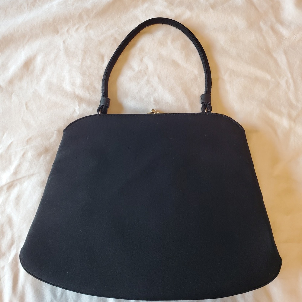 Vintage Lewis Black Satin Handbag Gold Kiss Lock Frame Evening Bag